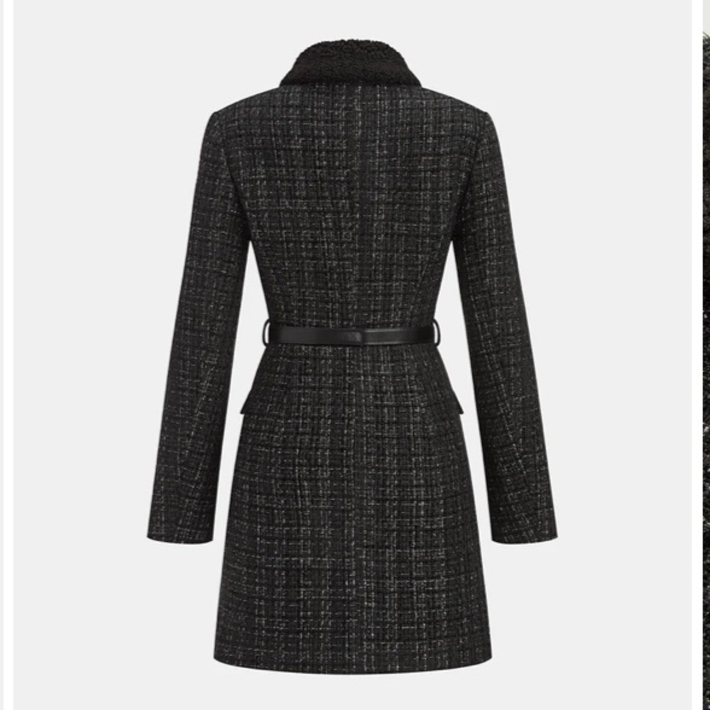 COMMENSE Black Fur Collar Tweed Blazer Belted Dress NWT - Picture 11 of 14